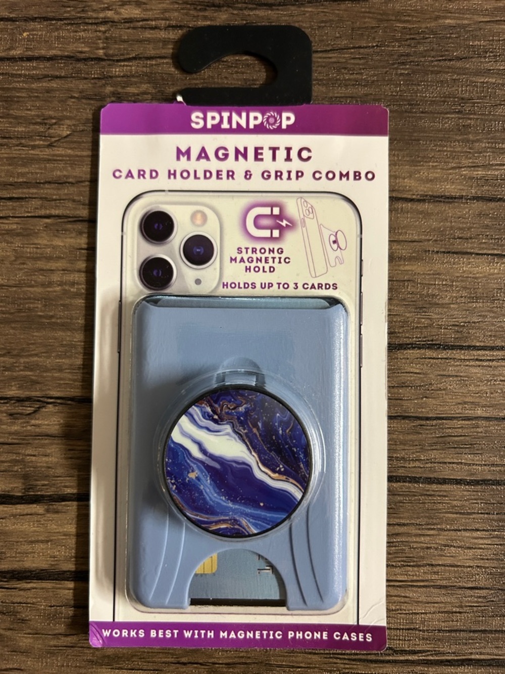 Magnetic Card Holder & Grip Combo - Blue with Marble PopSocket